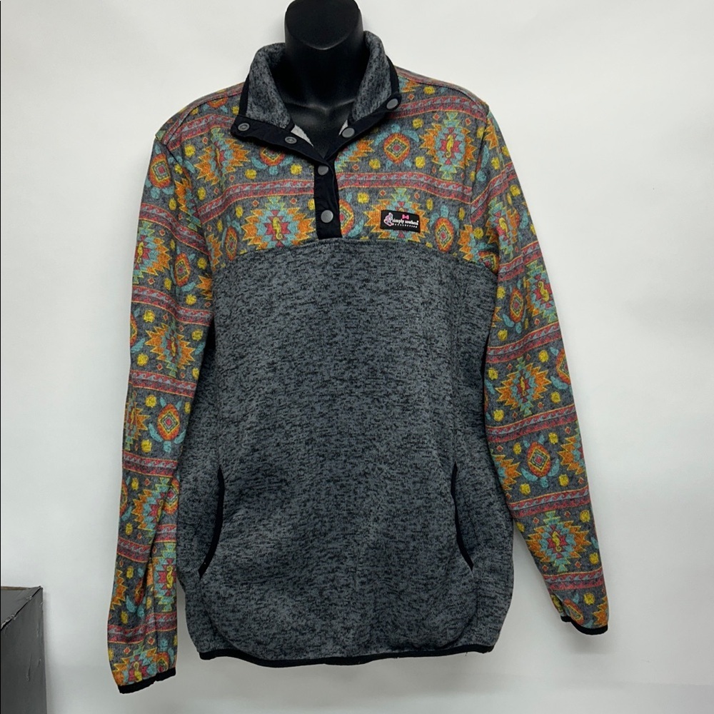 Simply Southern Gray Fleece pull over  XXL turtle seahorse Aztec print snap